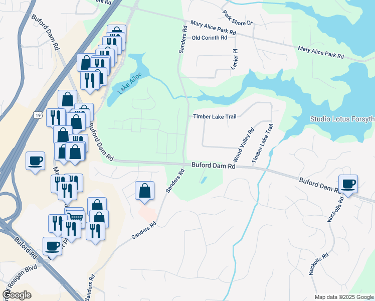 map of restaurants, bars, coffee shops, grocery stores, and more near 779 Sanders Road in Cumming