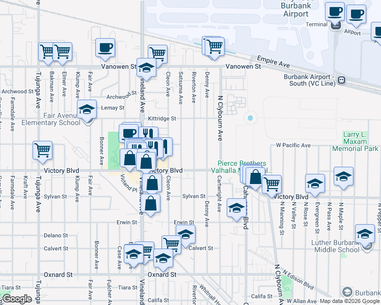 map of restaurants, bars, coffee shops, grocery stores, and more near 6441 Riverton Avenue in Los Angeles