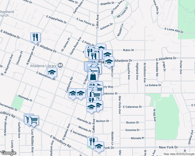 map of restaurants, bars, coffee shops, grocery stores, and more near 2458 Lake Ave in Altadena