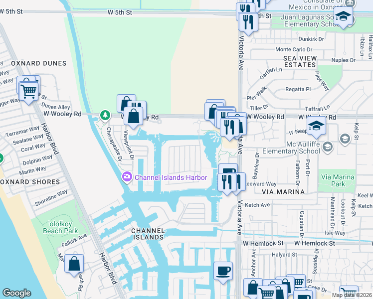 map of restaurants, bars, coffee shops, grocery stores, and more near 1313 Caspian Way in Oxnard