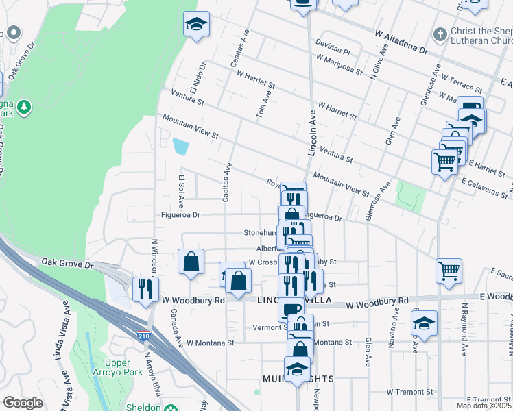 map of restaurants, bars, coffee shops, grocery stores, and more near 2463 North Canyada Avenue in Altadena