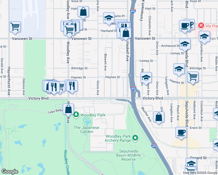 map of restaurants, bars, coffee shops, grocery stores, and more near 6443 Densmore Ave in Los Angeles