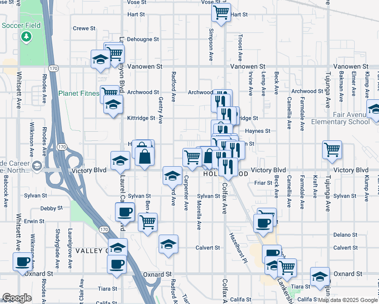 map of restaurants, bars, coffee shops, grocery stores, and more near 11825 Gilmore Street in Los Angeles