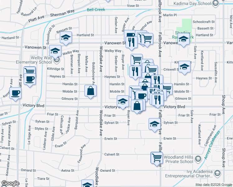 map of restaurants, bars, coffee shops, grocery stores, and more near 23032 Mobile Street in Los Angeles