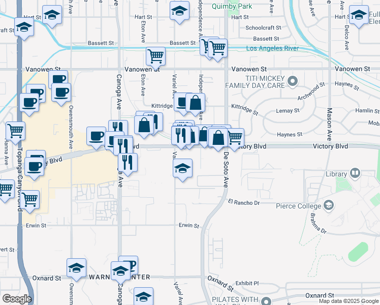 map of restaurants, bars, coffee shops, grocery stores, and more near 21024 Victory Boulevard in Los Angeles
