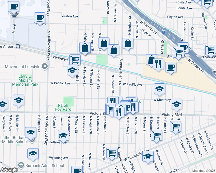 map of restaurants, bars, coffee shops, grocery stores, and more near 1740 North Naomi Street in Burbank