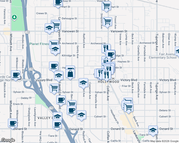 map of restaurants, bars, coffee shops, grocery stores, and more near 11837 Gilmore Street in Los Angeles