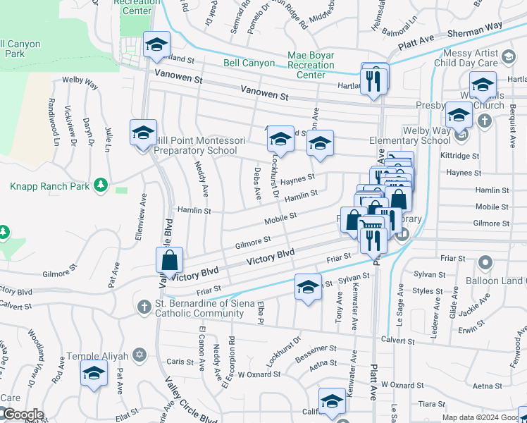 map of restaurants, bars, coffee shops, grocery stores, and more near 24026 Hamlin Street in Los Angeles