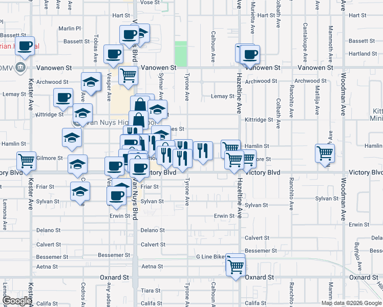 map of restaurants, bars, coffee shops, grocery stores, and more near 14253 Gilmore Street in Los Angeles