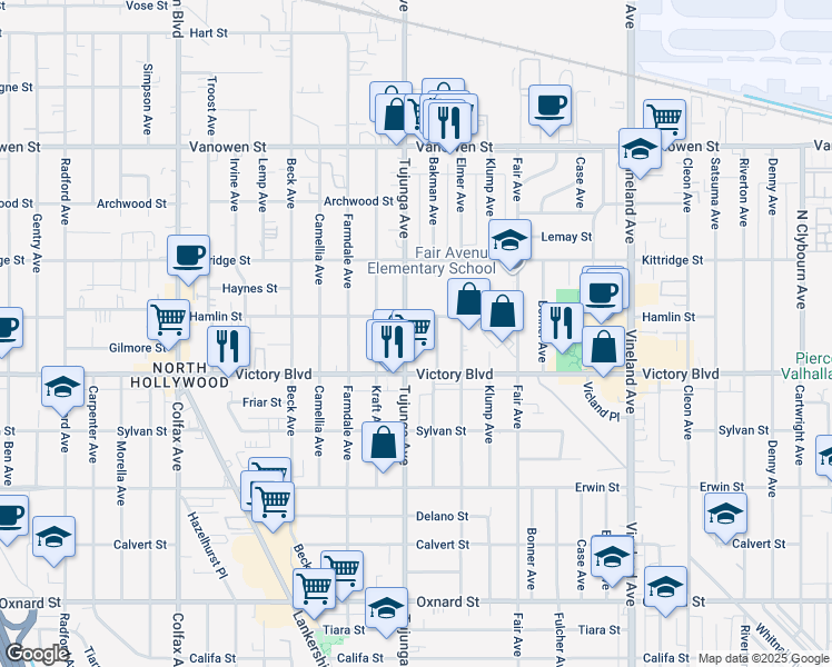 map of restaurants, bars, coffee shops, grocery stores, and more near 6444 Tujunga Avenue in Los Angeles