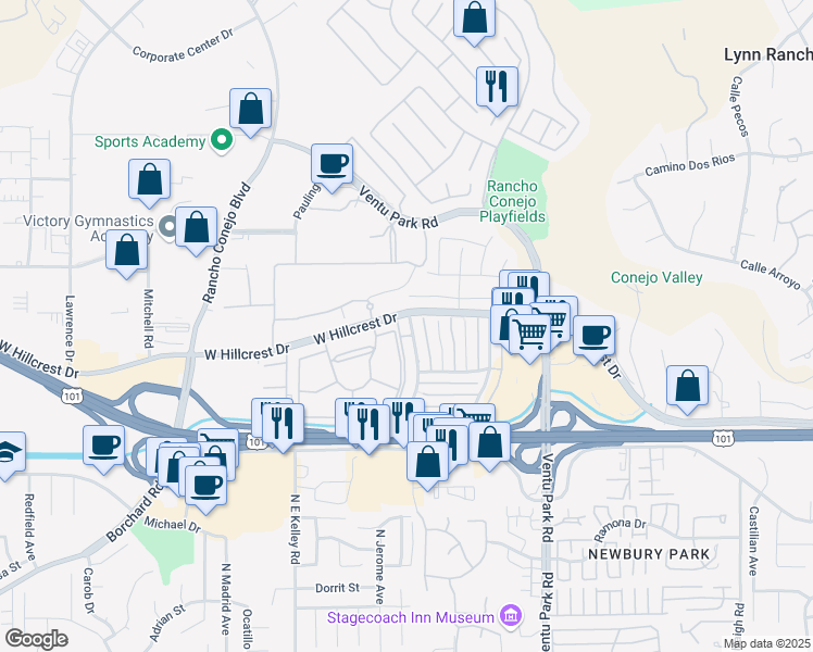 map of restaurants, bars, coffee shops, grocery stores, and more near 664 Avenida de la Plata in Thousand Oaks