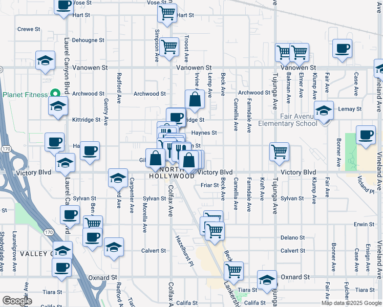 map of restaurants, bars, coffee shops, grocery stores, and more near 6442 Troost Avenue in Los Angeles