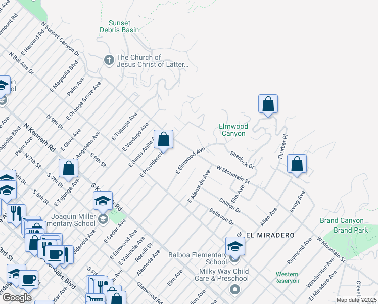 map of restaurants, bars, coffee shops, grocery stores, and more near 713 South Sunset Canyon Drive in Burbank