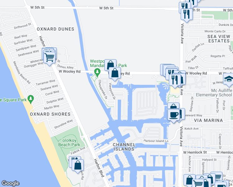 map of restaurants, bars, coffee shops, grocery stores, and more near 4342 Waterside Lane in Oxnard