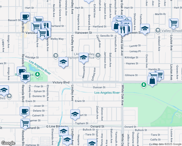 map of restaurants, bars, coffee shops, grocery stores, and more near 6442 Bertrand Avenue in Los Angeles