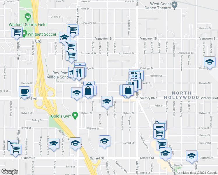 map of restaurants, bars, coffee shops, grocery stores, and more near 6440 Radford Avenue in Los Angeles