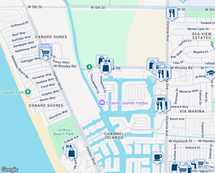 map of restaurants, bars, coffee shops, grocery stores, and more near 4342 Waterside Lane in Oxnard