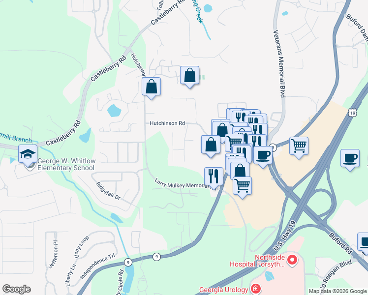 map of restaurants, bars, coffee shops, grocery stores, and more near 3625 Hutchinson Trace Drive in Cumming