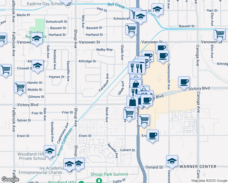 map of restaurants, bars, coffee shops, grocery stores, and more near 6468 Randi Avenue in Los Angeles