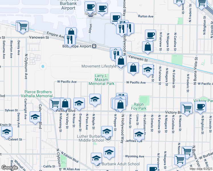 map of restaurants, bars, coffee shops, grocery stores, and more near 2137 North Screenland Drive in Burbank