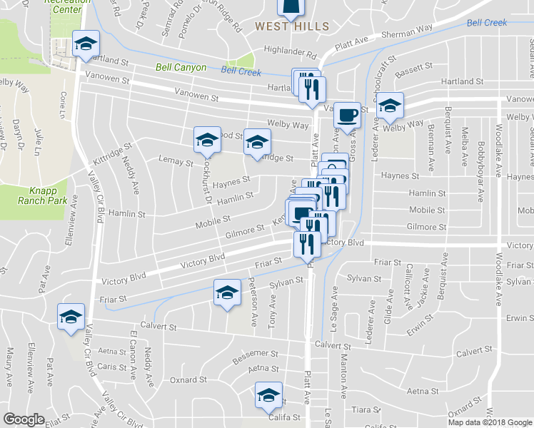 map of restaurants, bars, coffee shops, grocery stores, and more near 23810 Mobile Street in Los Angeles
