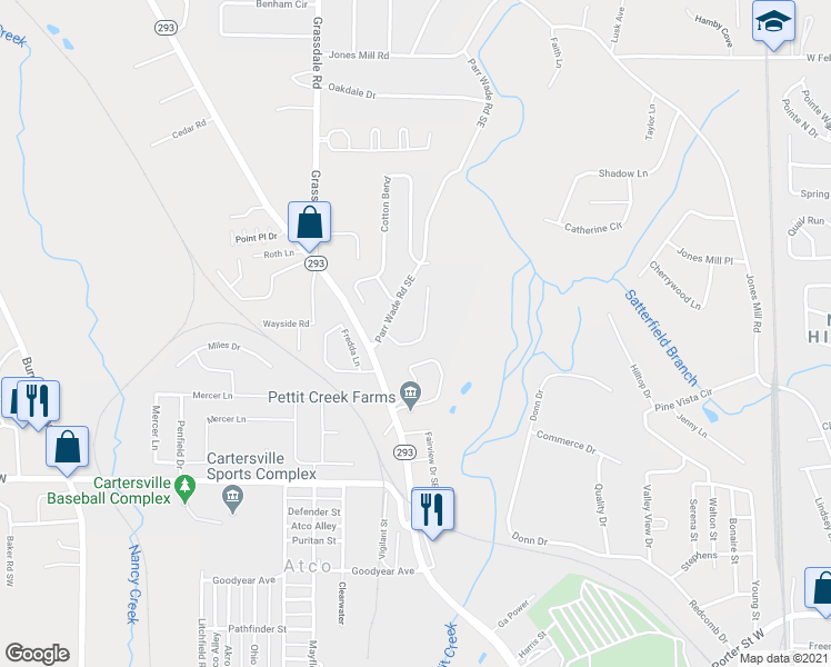 map of restaurants, bars, coffee shops, grocery stores, and more near 23 Wesley Trce Southeast in Cartersville