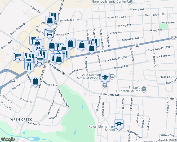 map of restaurants, bars, coffee shops, grocery stores, and more near 1555 Jackson Avenue in Florence