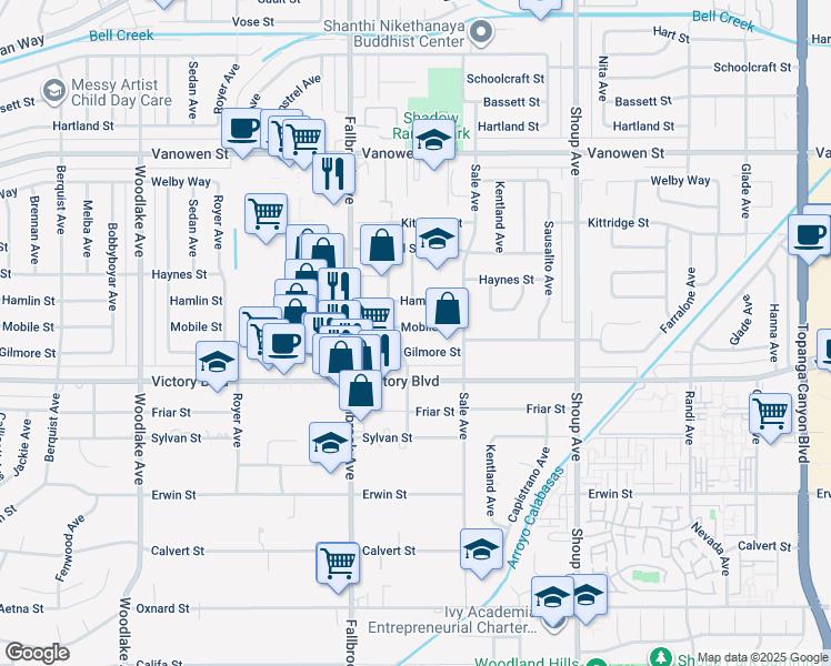 map of restaurants, bars, coffee shops, grocery stores, and more near 22668 Mobile Street in Los Angeles