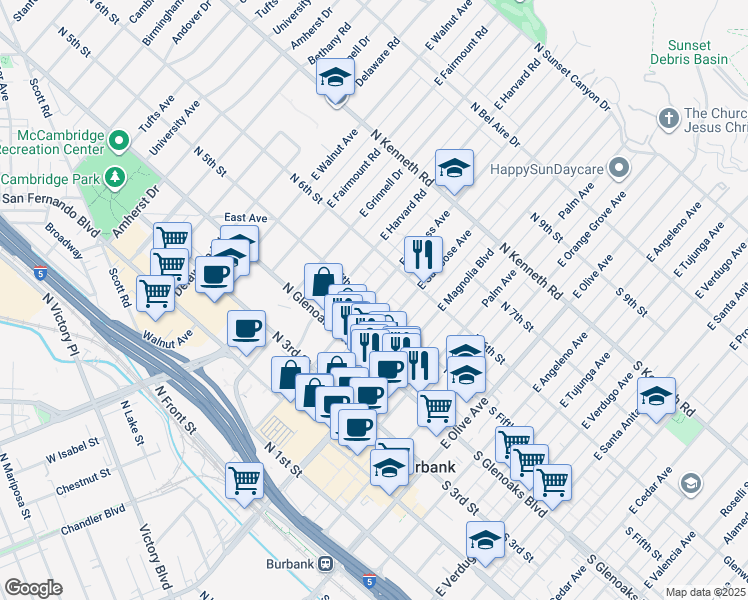 map of restaurants, bars, coffee shops, grocery stores, and more near 502 East Cypress Avenue in Burbank