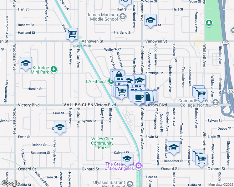 map of restaurants, bars, coffee shops, grocery stores, and more near 13041 Victory Boulevard in Los Angeles