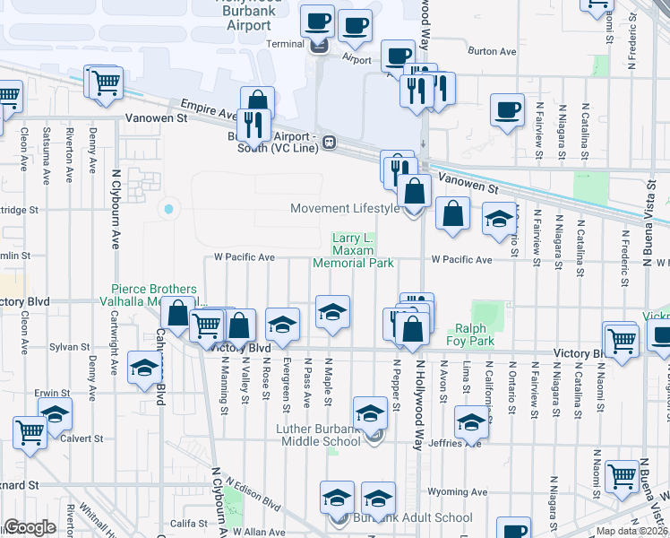 map of restaurants, bars, coffee shops, grocery stores, and more near 2136 North Maple Street in Burbank
