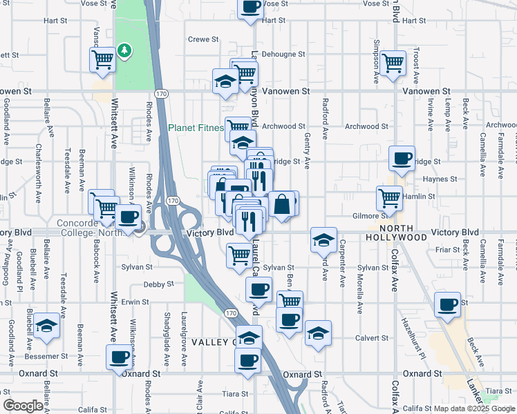map of restaurants, bars, coffee shops, grocery stores, and more near 6454 Laurel Canyon Boulevard in Los Angeles