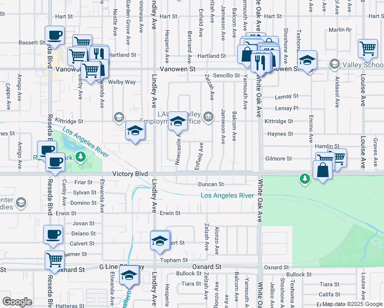 map of restaurants, bars, coffee shops, grocery stores, and more near 6442 Bertrand Avenue in Los Angeles
