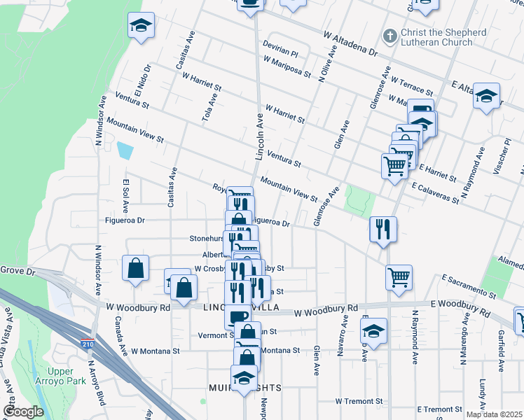 map of restaurants, bars, coffee shops, grocery stores, and more near 2461 Olive Avenue in Altadena