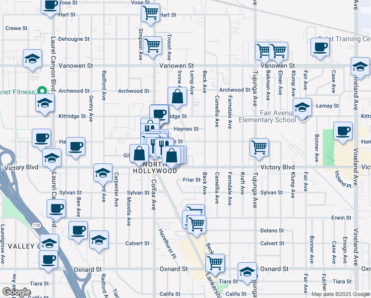 map of restaurants, bars, coffee shops, grocery stores, and more near 11601 Gilmore Street in Los Angeles