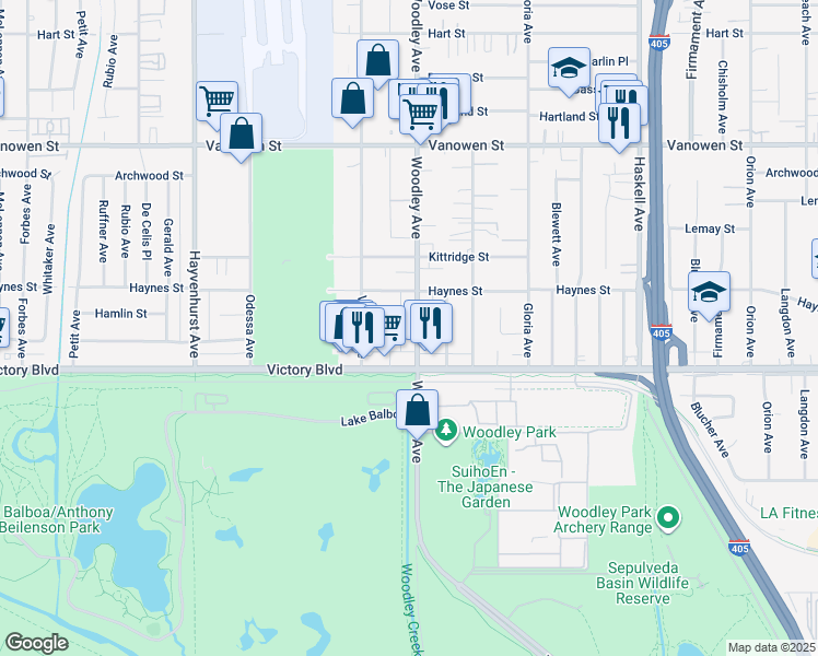 map of restaurants, bars, coffee shops, grocery stores, and more near 6446 Woodley Avenue in Los Angeles