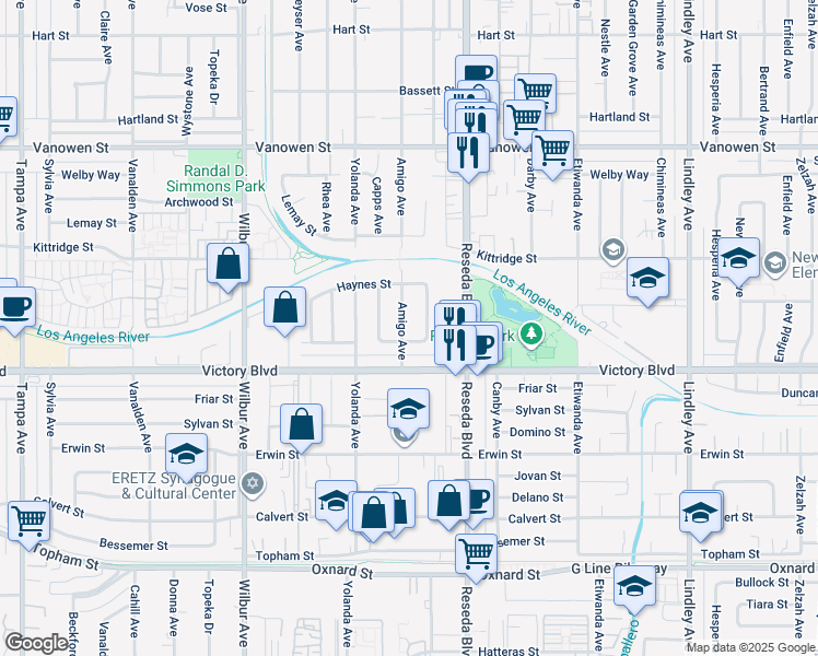 map of restaurants, bars, coffee shops, grocery stores, and more near 6441 Amigo Avenue in Los Angeles