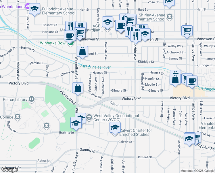 map of restaurants, bars, coffee shops, grocery stores, and more near 6444 Oakdale Avenue in Los Angeles
