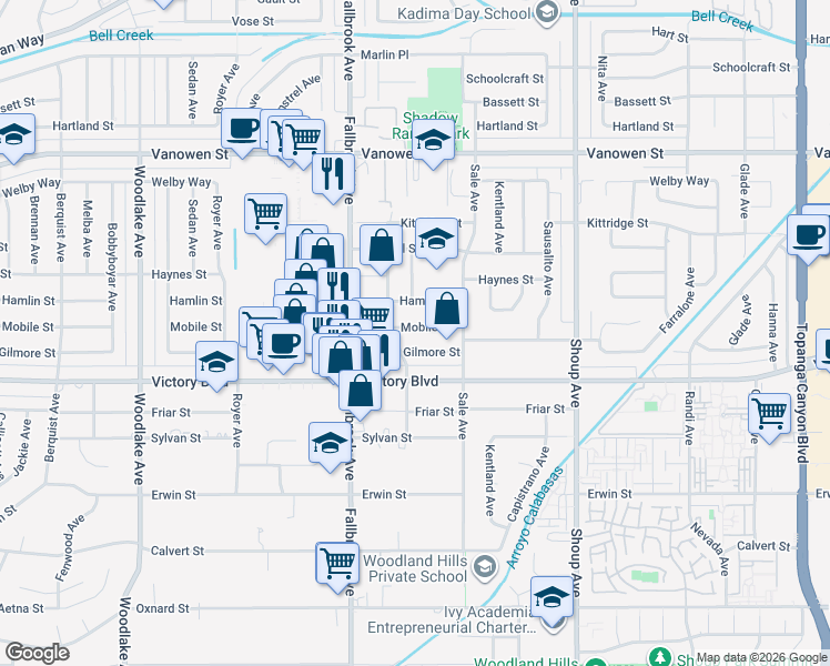 map of restaurants, bars, coffee shops, grocery stores, and more near 22668 Mobile Street in Los Angeles