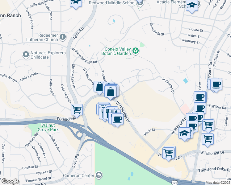 map of restaurants, bars, coffee shops, grocery stores, and more near 424 Tuolumne Avenue in Thousand Oaks