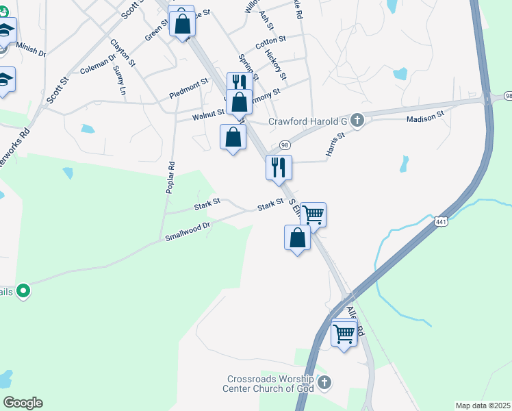 map of restaurants, bars, coffee shops, grocery stores, and more near 124 Stark Street in Commerce
