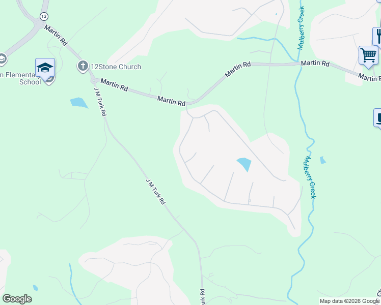 map of restaurants, bars, coffee shops, grocery stores, and more near 4573 Wingfield Way in Flowery Branch