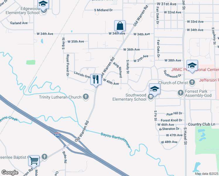map of restaurants, bars, coffee shops, grocery stores, and more near 16 Hunters Cove in Pine Bluff