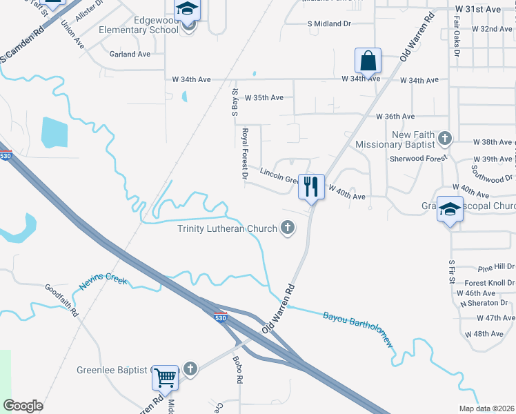 map of restaurants, bars, coffee shops, grocery stores, and more near 28 Mockingbird Lane in Pine Bluff