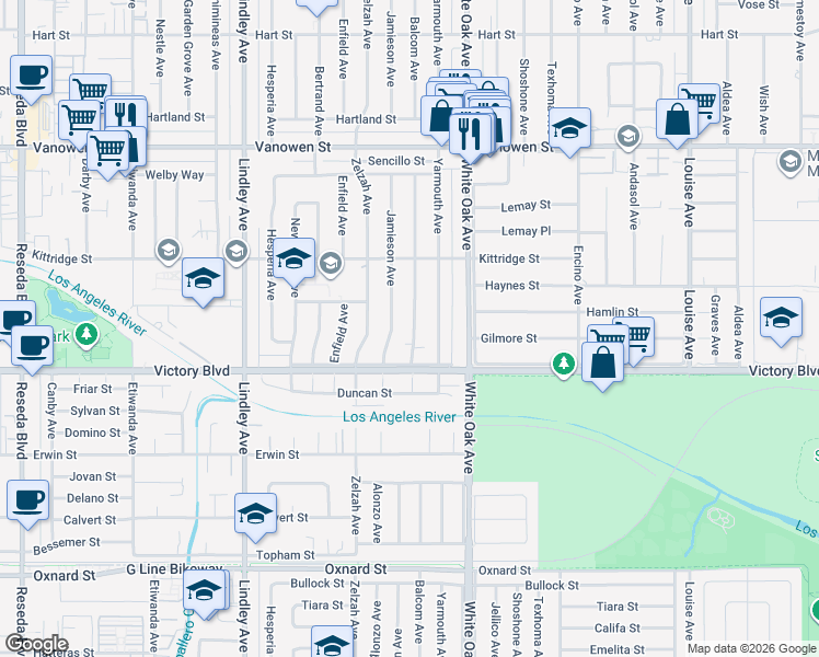 map of restaurants, bars, coffee shops, grocery stores, and more near 6441 Balcom Avenue in Los Angeles