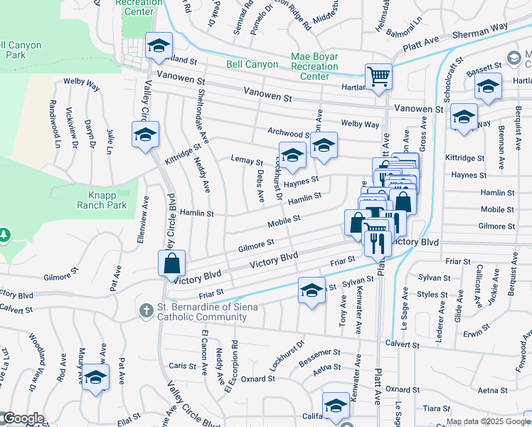 map of restaurants, bars, coffee shops, grocery stores, and more near 24026 Hamlin Street in Los Angeles