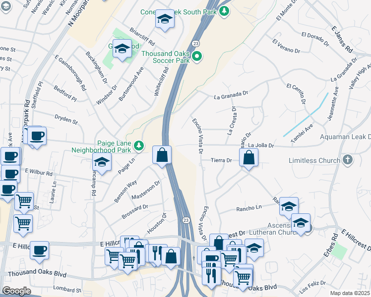 map of restaurants, bars, coffee shops, grocery stores, and more near 1154 La Jolla Drive in Thousand Oaks