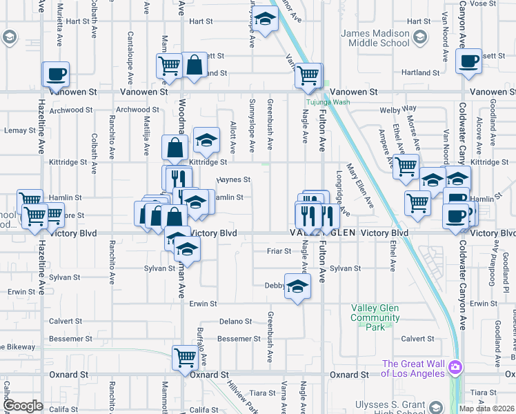 map of restaurants, bars, coffee shops, grocery stores, and more near 6442 Sunnyslope Avenue in Los Angeles