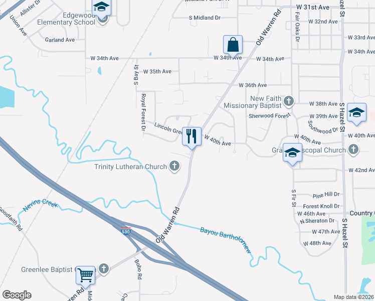 map of restaurants, bars, coffee shops, grocery stores, and more near 4014 Old Warren Road in Pine Bluff
