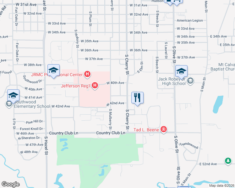 map of restaurants, bars, coffee shops, grocery stores, and more near 4040 South Linden Street in Pine Bluff